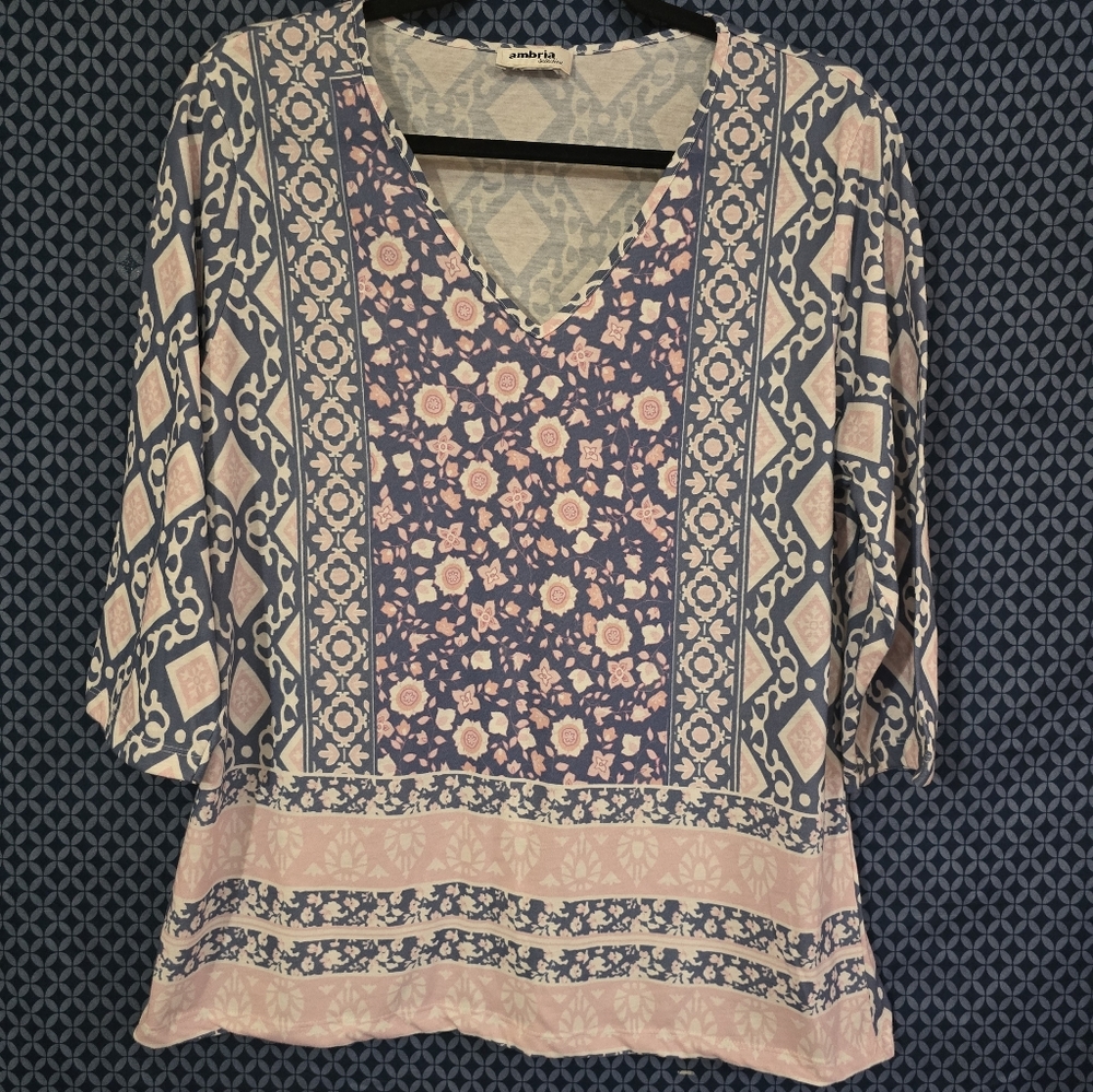Ambria Selection - Ladies Light Pink And Blue Blouse With Floral And Geo Pattern